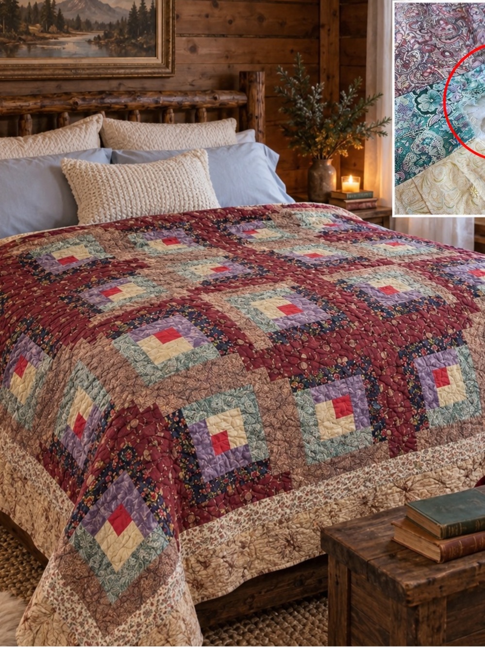 Vintage Patchwork Quilted Bedspread in Burgundy and Multicolor. (3” hole)